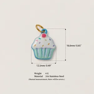 Detailed size view of cute cupcake charm pendant with 316 stainless steel material specs