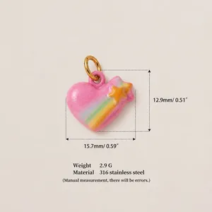 Detail view of 316 stainless steel rainbow heart pendant with 18K gold plated dimensions.