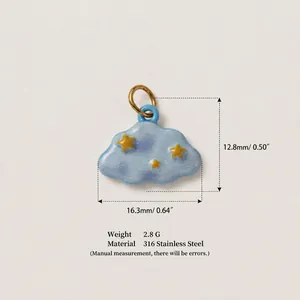 Detail of blue cloud charm with stars, 316 stainless steel material and dimensions shown.