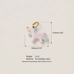 Detailed view of pink unicorn charm with dimensions and 316 stainless steel specs.