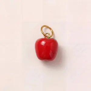 Adorable mini red apple charm pendant with golden jump ring for DIY jewelry making
