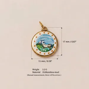 Macro detail of 316 stainless steel cow enamel pendant showing 18K gold finish and dimensions