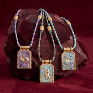Retro Sterrenbeeld Emaille Hanger Ketting Koper Reliëf Vierkante Bedel Gevlochten Koord Verstelbare Sieraden Cadeau Dames Heren