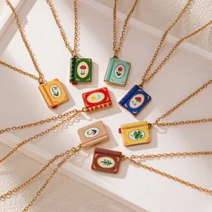Vintage Stainless Steel 18K Gold Plated Hand-painted Book Pendant Necklace Retro Artistic Mushroom Flower Print Jewelry For Women