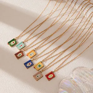 Vintage colorful hand-painted book pendant necklaces made of stainless steel for women