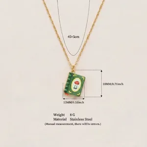 Vintage green enamel book pendant necklace with mushroom print in stainless steel