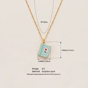 Detailed view of stainless steel gold necklace with retro hand-painted book pendant and sizes