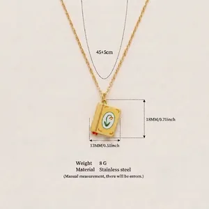 Size details and material specifications for the stainless steel book pendant necklace