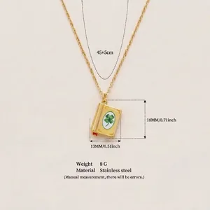 Detailed size measurements of the vintage book pendant necklace in stainless steel