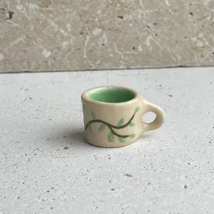 Miniature ceramic cup pendant with green vine print for DIY jewelry making accessories