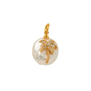 Luxury gold palm tree charm with irregular baroque pearl pendant for sneakers decoration
