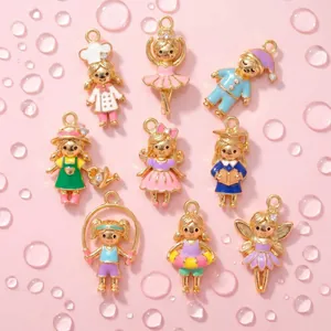 Cartoon Doll Pendant Colorful Enamel Copper Charms Rhinestone Cute Figures For DIY Necklace Jewelry Daily Accessories Women