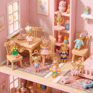 Detail view of colorful enamel cartoon character doll pendants in miniature dollhouse