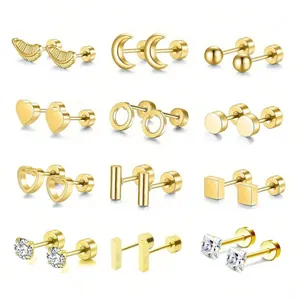 Trend Stainless Steel Stud Earrings Geometric Feather Moon Heart Rhinestone Earrings For Women Men Gold Silver Jewelry