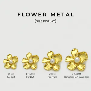 Detailed size comparison of irregular gold flower metal buttons with pearl centers