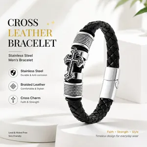 Detailed view of men's braided leather bracelet with stainless steel cross charm