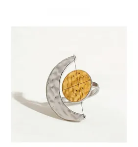Detail view of hammered crescent moon stainless steel ring with dimensions and weight