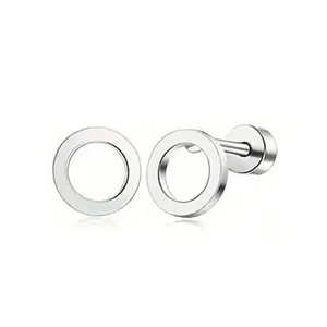 Detailed view of minimalist stainless steel circle stud earrings with screw-back design.