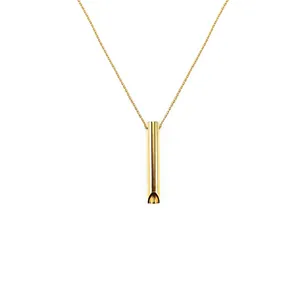 Polished gold cylindrical breathing necklace designed for anxiety relief and mindfulness