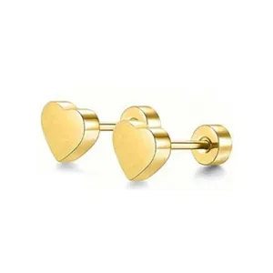 Close-up of golden heart-shaped stainless steel screw back stud earrings