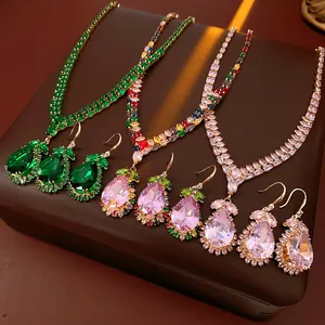Close-up of luxury water-drop zirconia necklace and earring sets in multiple colors
