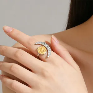 Vintage Hammered Stainless Steel Crescent Moon Disc Two Tone Ring For Women Minimalist Aesthetic Geometric Finger Ring