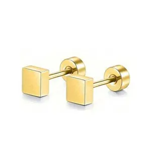 Detail view of gold stainless steel square cube stud earrings with secure screw-back posts