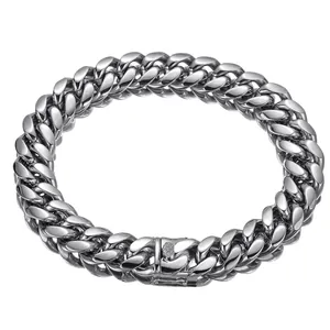 Detailed macro view of a high-polished thick silver stainless steel Cuban link chain