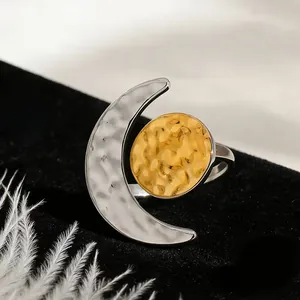 Minimalist crescent moon hammered dual-tone stainless steel ring with vintage design