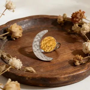 Vintage two-tone stainless steel crescent moon ring with hammered sun texture design