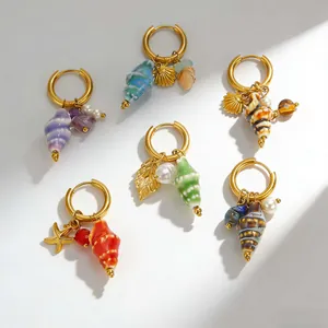 Fashion Stainless Steel Conch Shell Drop Earrings For Women Ocean Style Shell Starfish Artificial Pearl Dangle Earrings Jewelry