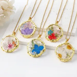 Handmade dried flower resin necklace with elegant gold irregular circle pendants