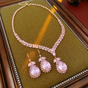 Elegant pink teardrop crystal jewelry set including necklace and matching earrings