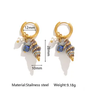 Detailed view of stainless steel conch and pearl hoop earrings with size annotations
