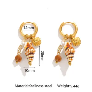 Detail view of stainless steel conch shell earrings with size and weight specs.