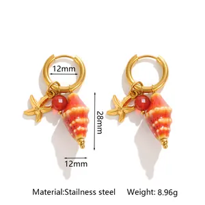 Dimensions and material detail of ocean-themed starfish conch shell hoop earrings