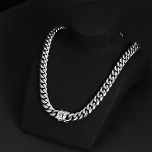 Detail view of a high-quality silver stainless steel Cuban link necklace in hip hop style.
