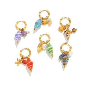 Stylish golden stainless steel hoop earrings with colorful conch and shell charms set
