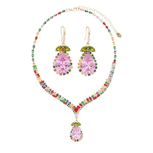 Luxury colorful crystal jewelry set with pear-shaped pink pendant necklace and earrings