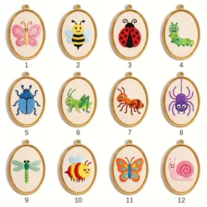 Set of 12 cute embroidered cartoon insect pendants in oval stainless steel gold frames