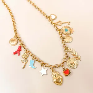 18K gold plated multi-charm necklace with eclectic heart, star and rose pendants