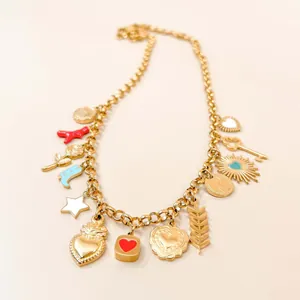 Bohemian 18K gold plated chain necklace featuring diverse colorful heart and star charms