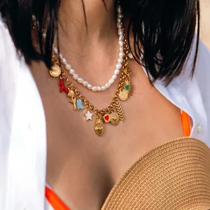 Detailed view of layered 18K gold plated necklace with colorful DIY charms and pearls