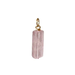 Rectangular pink rose quartz stone pendant with gold-plated bail on white background.