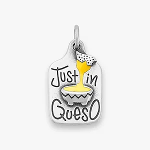 Silver titanium steel pendant with Just in Queso engraved design and yellow enamel
