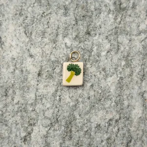 Handmade ceramic broccoli charm pendant with gold-plated stainless steel jump ring