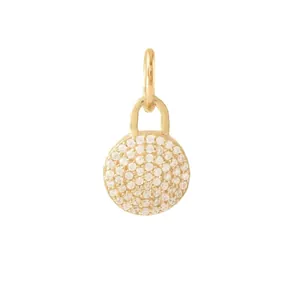 Detail shot of a round 18K gold-plated stainless steel pendant with pave-set crystals.