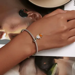 Gros plan d'un bracelet en maille d'acier titane argenté avec un joli pendentif