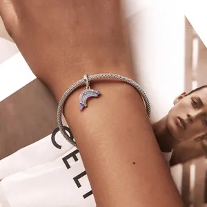 Vue détaillée du bracelet en maille d'acier titane avec breloque arc-en-ciel