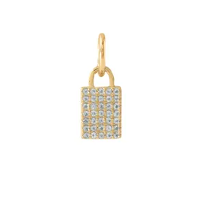 Detailed macro view of 18K gold-plated rectangle pendant with pavé set clear stones